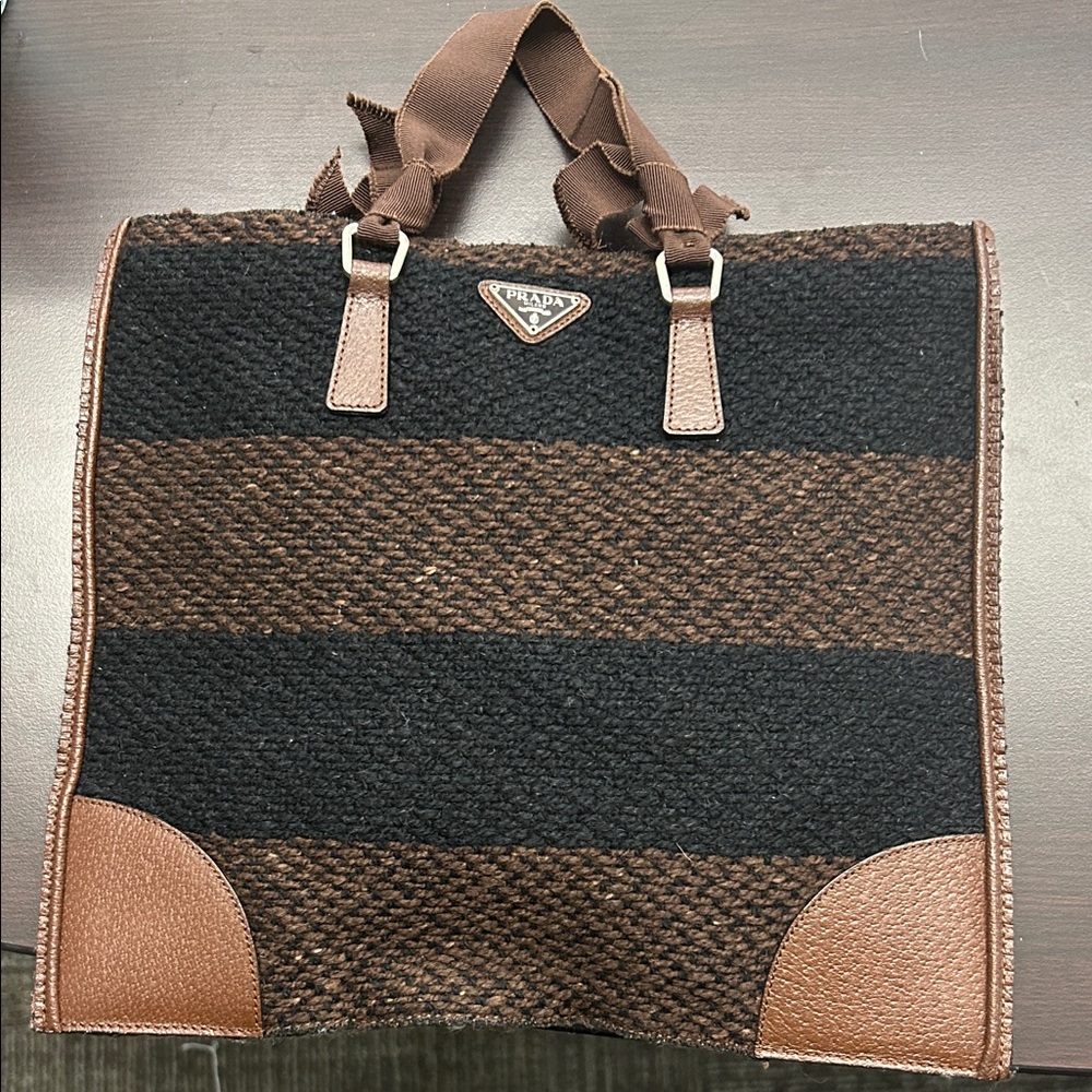 Prada tweed small tote with triangle logo